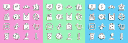 Set line Thermometer Solar energy panel Electric saving plug in leaf car Eco shop Leaf symbol Location with and Shopping bag recycle icon. Vector.のイラスト素材