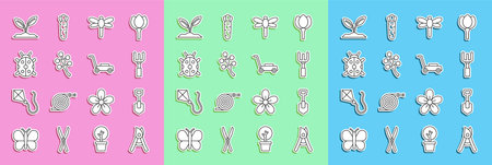 Set line Gardening handmade scissors Shovel rake Dragonfly Blossom tree branch Ladybug Sprout and Lawn mower icon. Vector.のイラスト素材