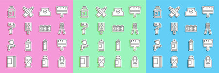 Set line Spray can nozzle cap Paint brush Bolt cutter roller Paint gouache jar dye and spray icon. Vector.のイラスト素材