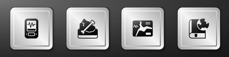 Set Seismograph Archeology Topographic map and Earth globe and book icon. Silver square button. Vector.のイラスト素材