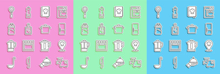 Set line Kitchen meat grinder Chef hat with location Refrigerator Cookbook Cutting board Salt Spatula and Cooking pot icon. Vector.のイラスト素材