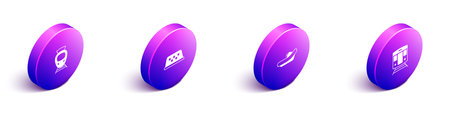 Set Isometric Tram and railway Taxi car roof Rafting boat and Train icon. Vector.のイラスト素材