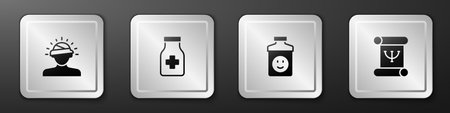 Set Concussion headache Sedative pills Antidepressants and Psychology book icon. Silver square button. Vector.のイラスト素材