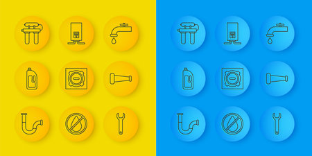 Set line Industry metallic pipe Container with drain cleaner Manhole sewer cover Wrench spanner Water filter tap and Gas boiler burning fire icon. Vector.のイラスト素材