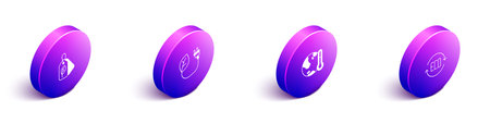 Set Isometric Tag with leaf Electric saving plug in Earth melting to global warming and Leaf Eco symbol icon. Vector.のイラスト素材