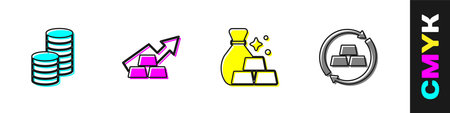 Set Gold coin money Growth arrow with gold bars Bag of and exchange icon. Vector.のイラスト素材