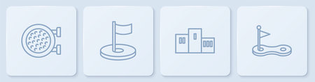 Set line Golf sport club, Award over sports winner podium, hole with flag and . White square button. Vector.のイラスト素材