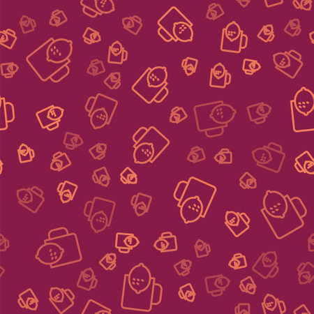 Brown line Cup of tea with lemon icon isolated seamless pattern on red background. Vector.のイラスト素材