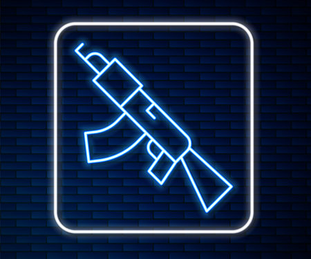 Glowing neon line Submachine gun icon isolated on brick wall background. Kalashnikov or AK47. Vector.のイラスト素材