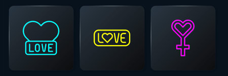 Set line Heart Female gender symbol and Love text. Black square button. Vector.のイラスト素材