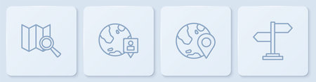 Set line Search location Location the globe and Road traffic sign. White square button. Vector.のイラスト素材