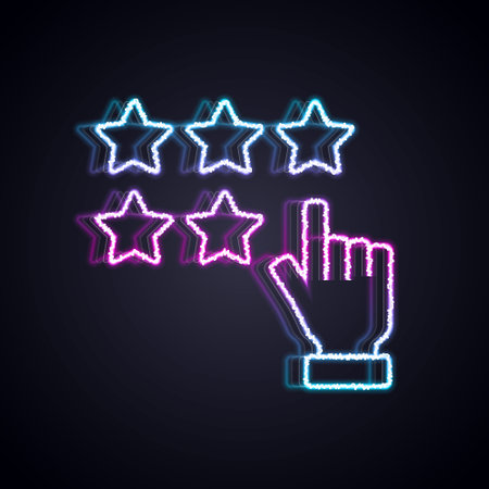 Glowing neon line Five stars customer product rating review icon isolated on black background. Favorite, best rating, award symbol. Vector.のイラスト素材