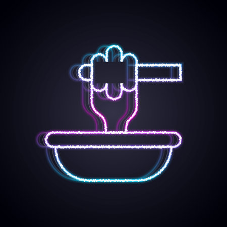 Glowing neon line Honey dipper stick with bowl icon isolated on black background. Honey ladle. Vector.のイラスト素材