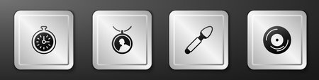 Set Pocket watch Locket on necklace Silver spoon and Vinyl disk icon. Silver square button. Vector.のイラスト素材