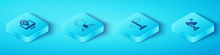 Set Isometric Monitor with map location Folded marker Radar and Road traffic sign icon. Vector.のイラスト素材