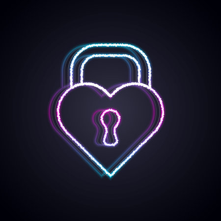Glowing neon line Castle in the shape of a heart icon isolated on black background. Locked Heart. Love symbol and keyhole sign. Happy Valentines day. Vector.のイラスト素材