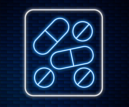 Glowing neon line Medicine pill or tablet icon isolated on brick wall background. Capsule pill and drug sign. Pharmacy design. Vector.のイラスト素材