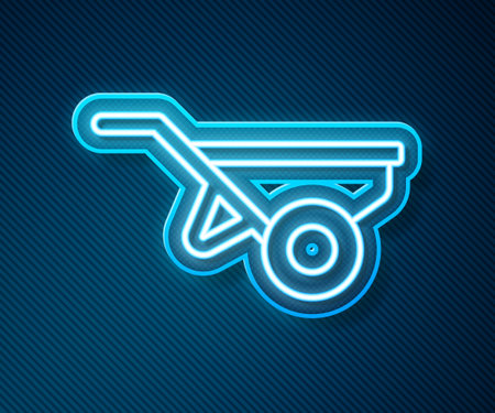 Glowing neon line Wheelbarrow with dirt icon isolated on blue background. Tool equipment. Agriculture cart wheel farm. Vector.のイラスト素材