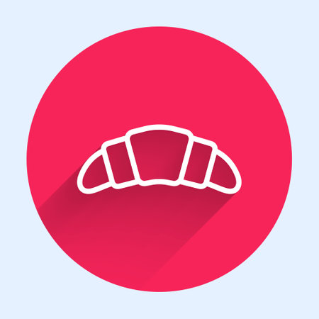 White line Croissant icon isolated with long shadow background. Red circle button. Vector.のイラスト素材