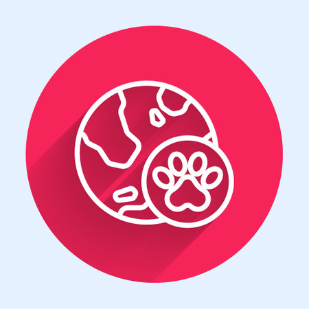 White line World pet icon isolated with long shadow background. Red circle button. Vector.のイラスト素材