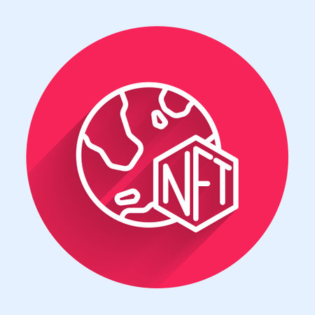 White line NFT Digital crypto art icon isolated with long shadow background. Non fungible token. Red circle button. Vector.のイラスト素材