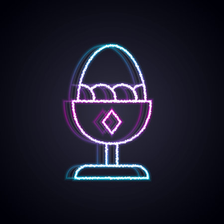 Glowing neon line Chicken egg on a stand icon isolated on black background. Vector.のイラスト素材