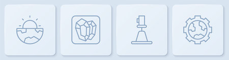 Set line Earth core structure crust Tacheometer theodolite Gem stone and Gear wheels and earth. White square button. Vector.のイラスト素材