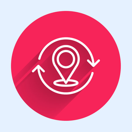 White line Map pin icon isolated with long shadow background. Navigation, pointer, location, map, gps, direction, search concept. Red circle button. Vector.のイラスト素材