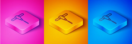 Isometric line Wine corkscrew icon isolated on pink and orange, blue background. Square button. Vector.のイラスト素材