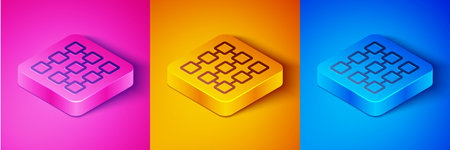 Isometric line NFT blockchain technology icon isolated on pink and orange, blue background. Non fungible token. Digital crypto art concept. Square button. Vector.のイラスト素材