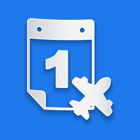 Paper cut Travel planning calendar and airplane icon isolated on blue background. A planned holiday trip. Paper art style. Vector.のイラスト素材