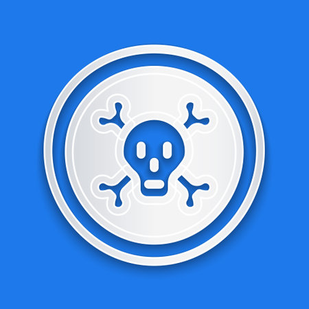 Paper cut Bones and skull as a sign of toxicity warning icon isolated on blue background. Paper art style. Vector.のイラスト素材