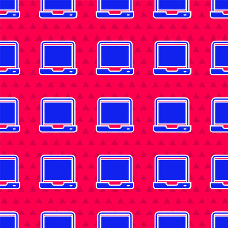 Blue Laptop icon isolated seamless pattern on red background. Computer notebook with empty screen sign. Vector.のイラスト素材