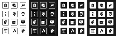 Set Solution to the problem Finding a Old hourglass Medical clipboard Drama theatrical mask Psychology Psi and icon. Vector.のイラスト素材