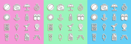 Set line Picnic table with benches Map pointer star Flip flops Sun protective umbrella for beach Anchor Beach ball and Suitcase icon. Vector.のイラスト素材