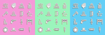 Set line Feather pen Saloon door Desert landscape with cactus Church building Mexican sombrero hat Tomahawk ax Road traffic signpost and Bow arrow quiver icon. Vector.のイラスト素材