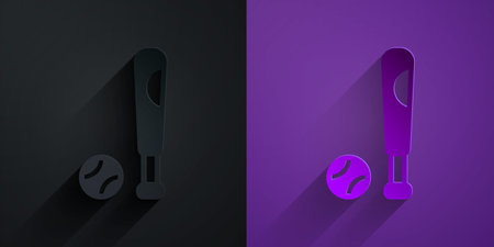 Paper cut Baseball bat with ball icon isolated on black on purple background. Paper art style. Vector.のイラスト素材