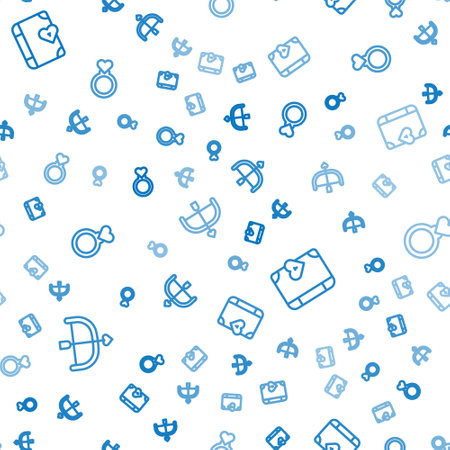 Set line Bow and arrow Love diary and Wedding rings on seamless pattern. Vector.のイラスト素材