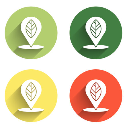 Set Location pin with leaf inside icon isolated with long shadow background. Color circle button. Vector.のイラスト素材