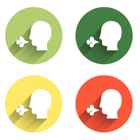 Set Man coughing icon isolated with long shadow background. Viral infection, influenza, flu, cold symptom. Tuberculosis, mumps, whooping cough. Color circle button. Vector..のイラスト素材