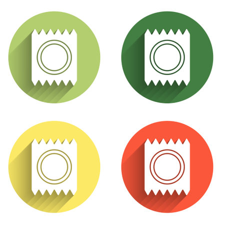 Set Condom in package safe sex icon isolated with long shadow background. Safe love symbol. Contraceptive method for males. Color circle button. Vector.のイラスト素材