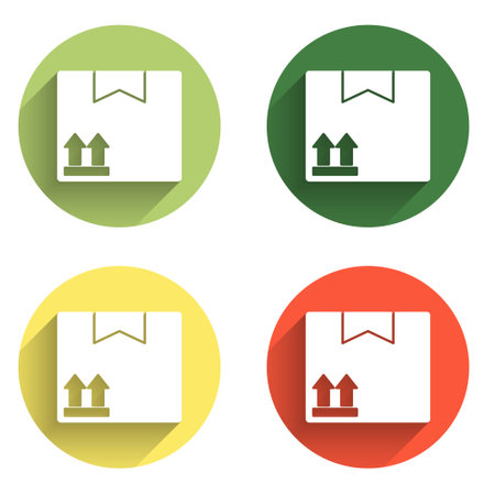 Set Cardboard box with traffic symbol icon isolated with long shadow background. Box, package, parcel. Delivery, transportation and shipping. Color circle button. Vector.のイラスト素材