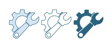 Blue Wrench spanner and gear icon isolated on white background. Adjusting, service, setting, maintenance, repair, fixing. Vector.のイラスト素材