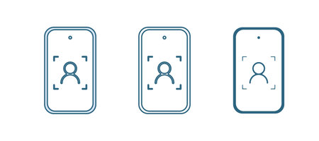 Blue Mobile phone and face recognition icon isolated on white background. Face identification scanner icon. Facial id. Cyber security. Vector.のイラスト素材