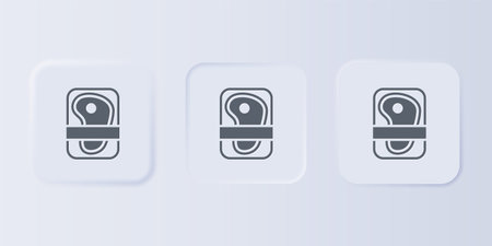 Gray Meat packaging steak icon isolated on gray background. Fresh meat beef steak in plastic package. Organic product. Set icons in square buttons. Vector.のイラスト素材