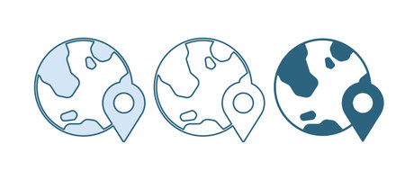 Blue Location on the globe icon isolated on white background. World or Earth sign. Vector.のイラスト素材