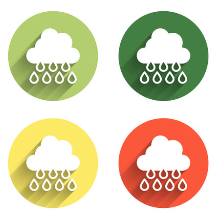 Set Cloud with rain icon isolated with long shadow background. Rain cloud precipitation with rain drops. Color circle button. Vector.のイラスト素材