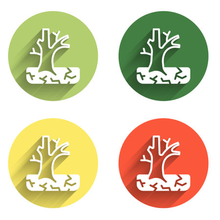 Set Withered tree icon isolated with long shadow background. Bare tree. Dead tree silhouette. Color circle button. Vector.のイラスト素材