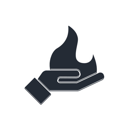 Black Hand holding a fire icon isolated on white background. Vector.のイラスト素材