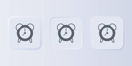 Gray Alarm clock icon isolated on gray background. Wake up, get up concept. Time sign. Set icons in square buttons. Vector.のイラスト素材